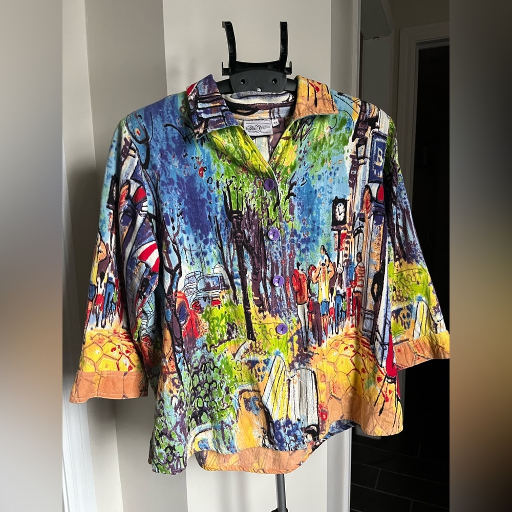 Vintage Michael Leu Street-Scene Button Down linen Shirt - Multicolor